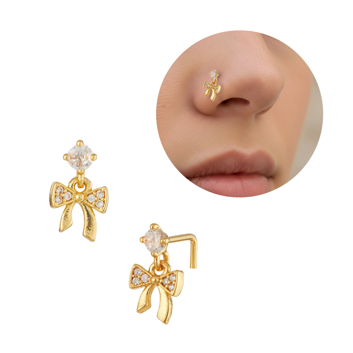 Arria 14K Gold Plated Bow Nose Stud – Cubic Zirconia Detailing