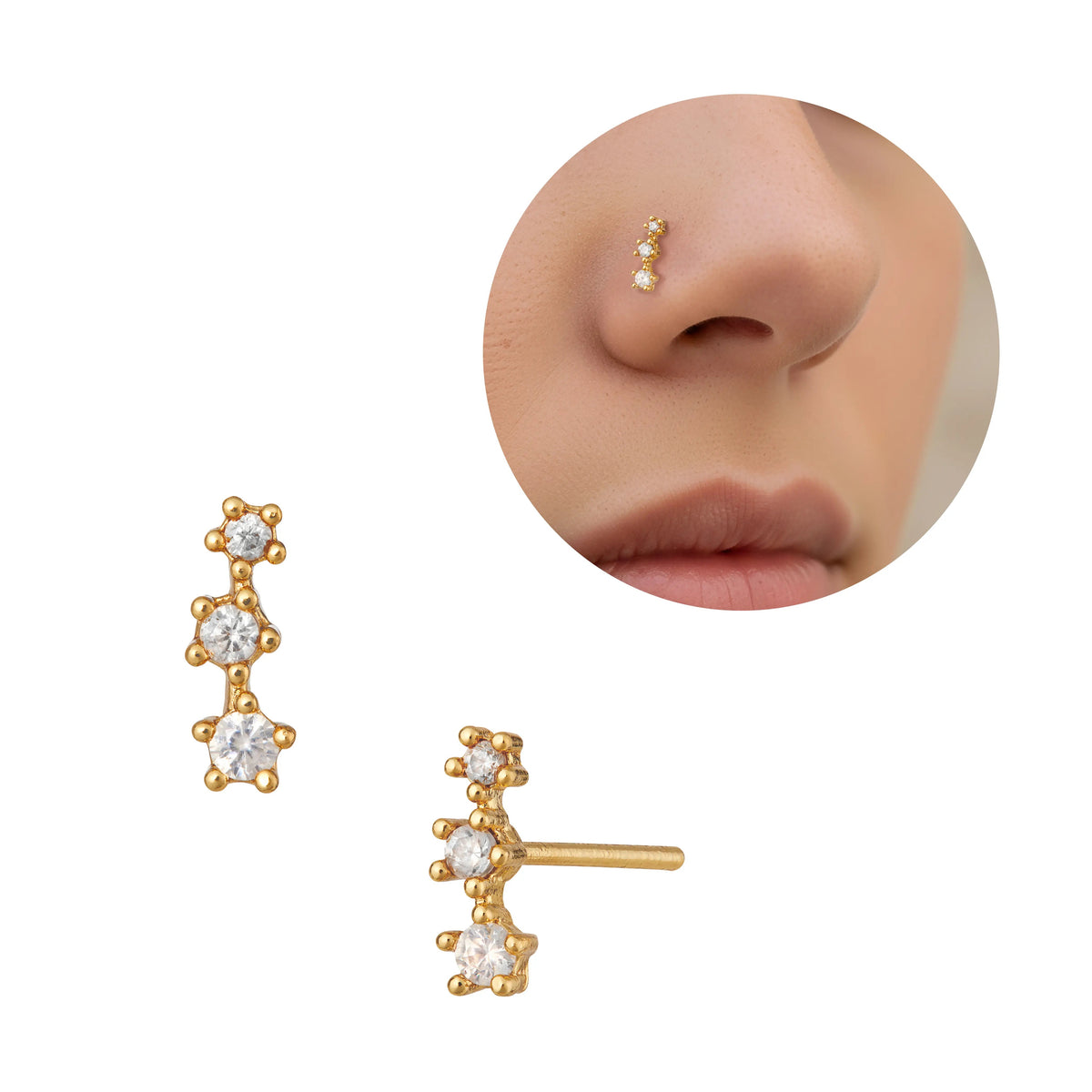 Arria 14K Gold Plated Triple CZ Straight Nose Pin – Hypoallergenic, Minimal & Versatile Design