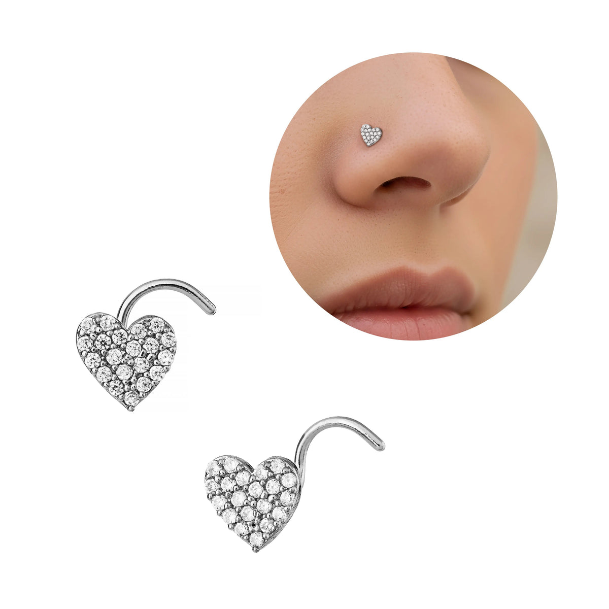 Arria White Gold Tone CZ Heart Nose Screw Hypoallergenic, Secure Twisted Fit