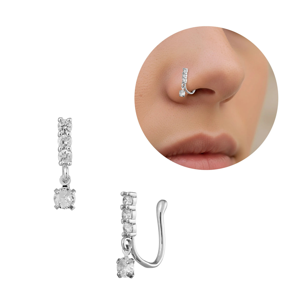 Arria White Gold CZ Adjustable Nose Cuff Non-Pierced, Hypoallergenic