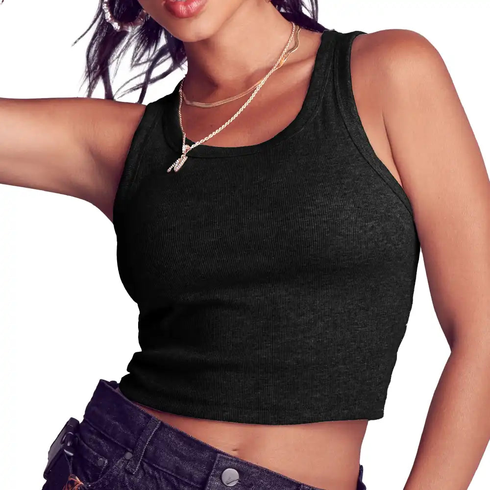 Arria Ribbed Crop Tank Top ? Women?s Soft Slim Fit Scoop Neck Sleeveless Shirt Black / X-Large