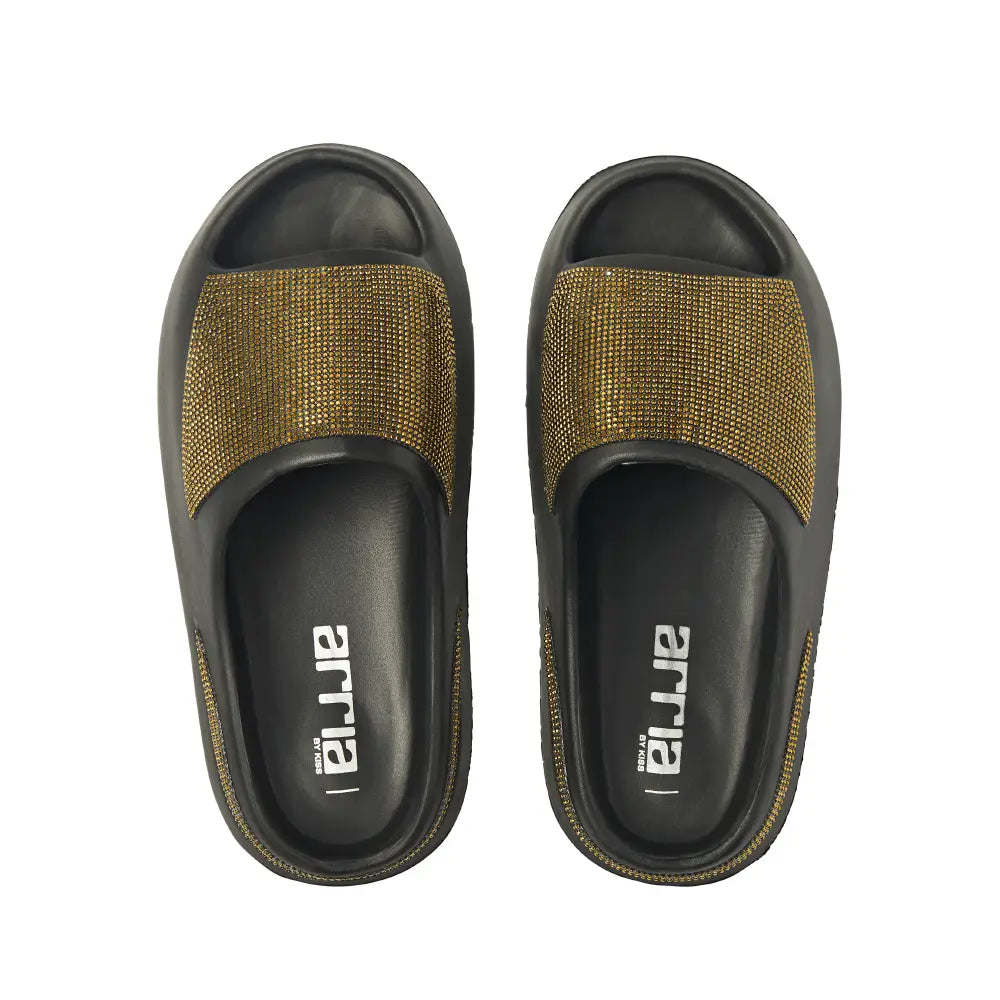 Arria Rhinestone Glitter Cloud Slippers ? Open Toe Slides for Women & Men Black / XL