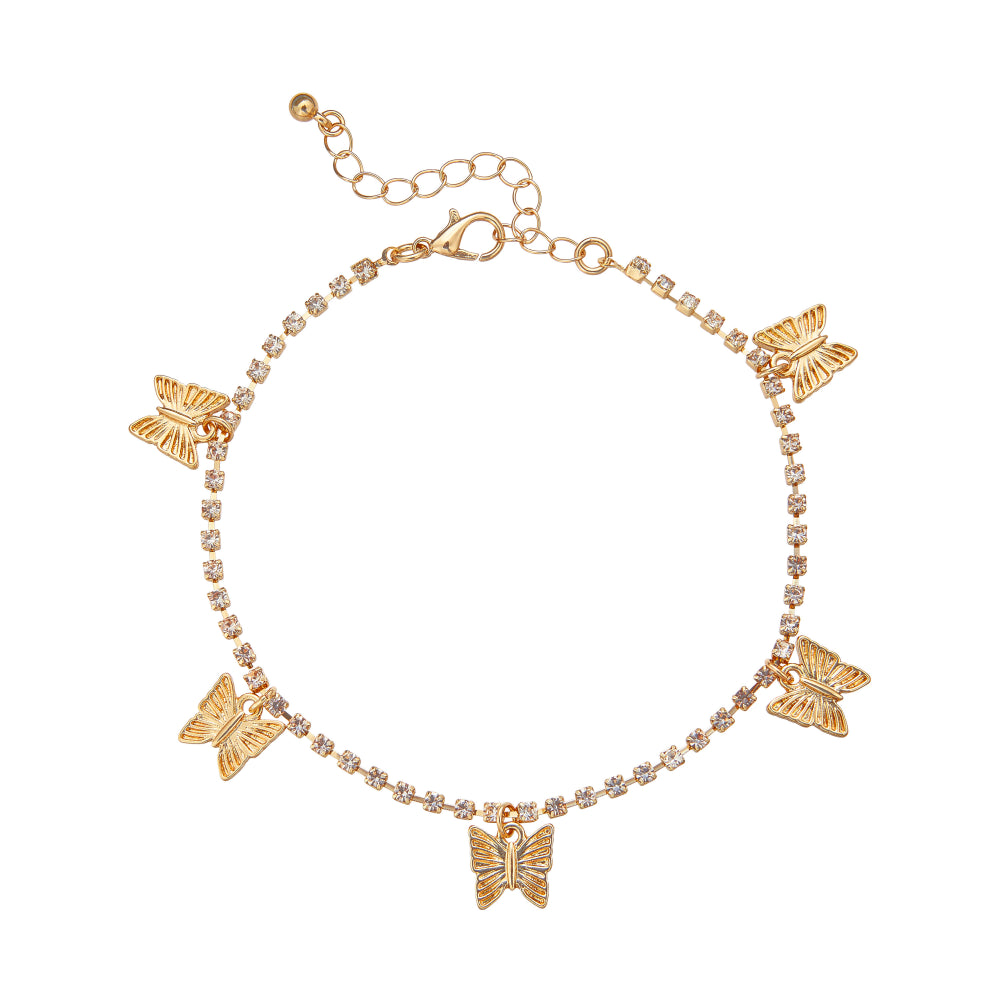 Arria 14K Gold Plated Butterflies Rhinestone Chain Anklet