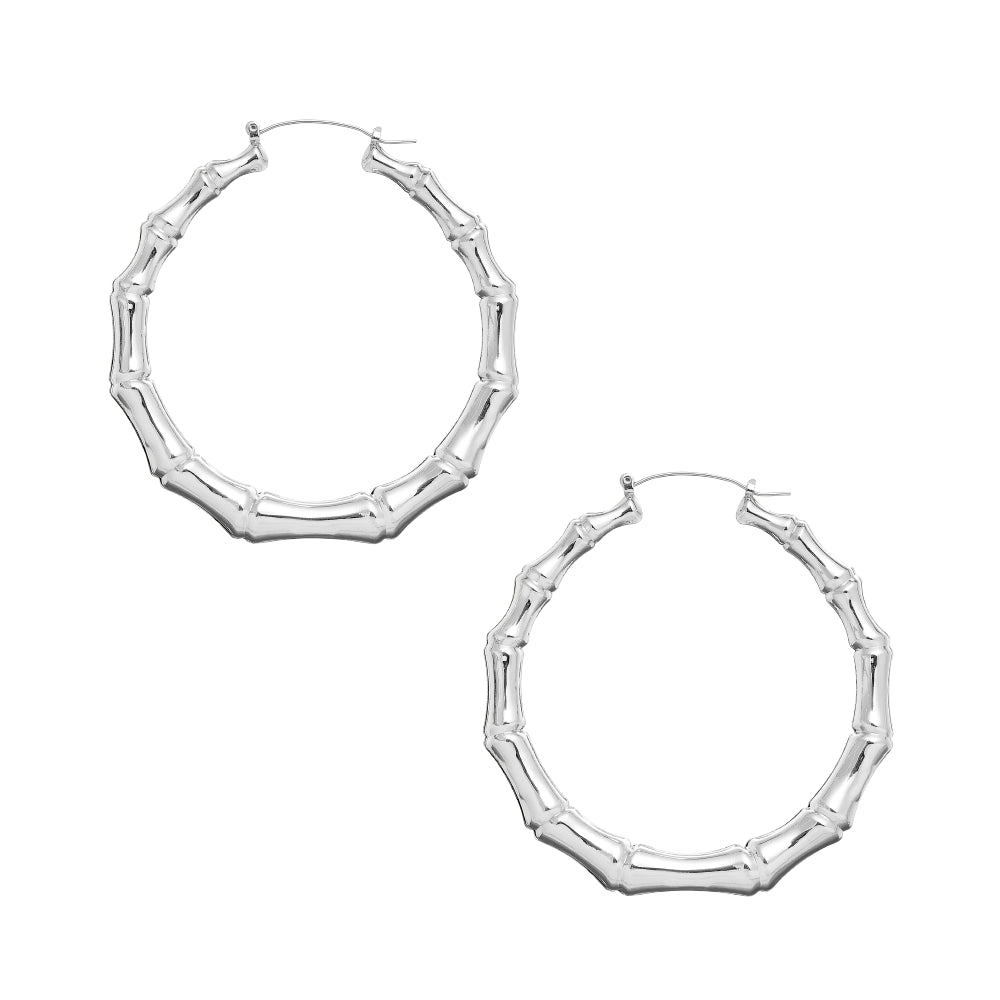 Arria White Gold Tone Bamboo Hoop Earrings - 70mm