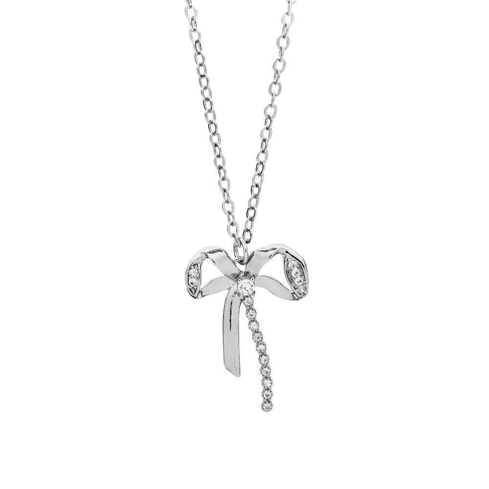 Arria Premium White Gold Tone Cubic Zirconia Coquette Bow Pendant Necklace