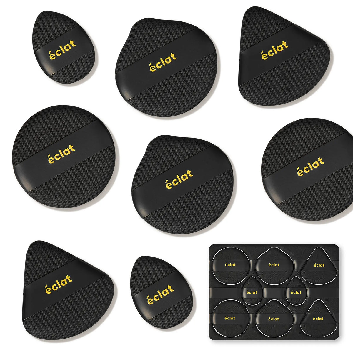 éclat Cushion Puff Makeup Set - 8pcs Soft & Bouncy Foundation, Concealer & Powder Puff Black