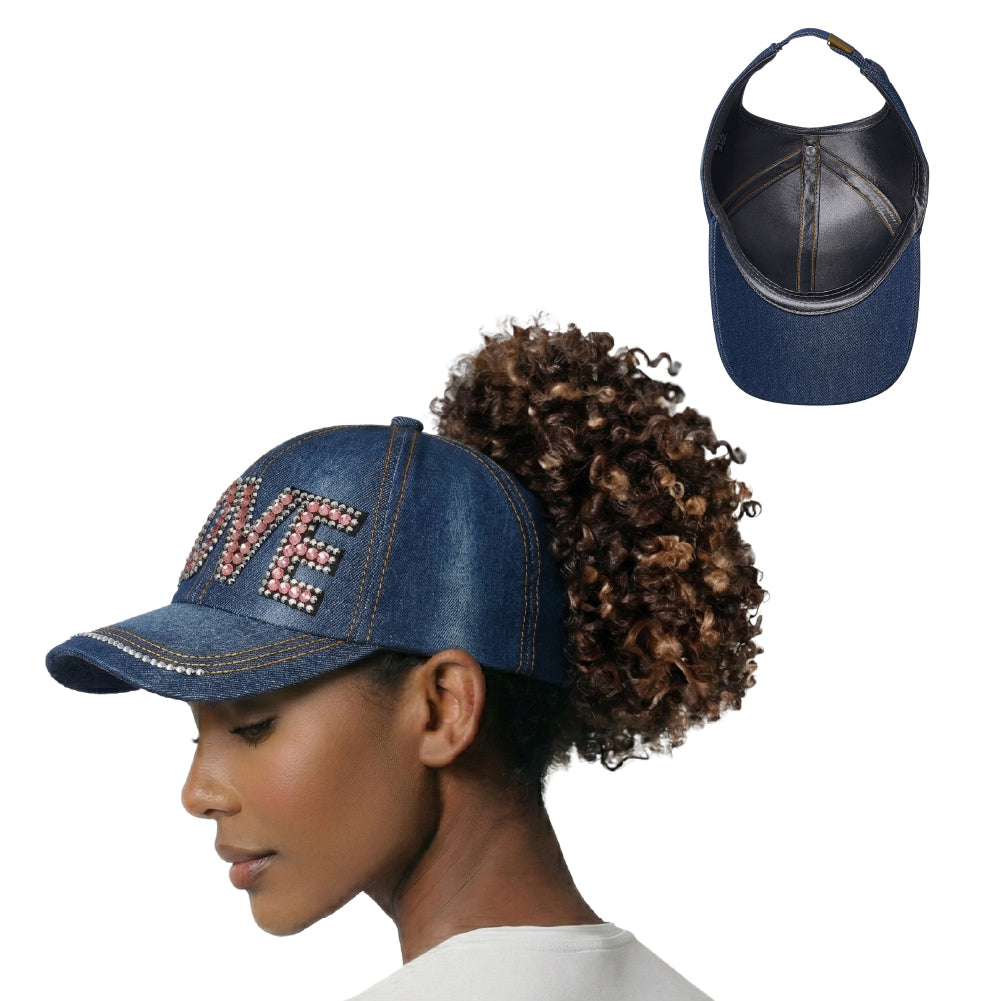 Arria Backless Baseball Cap - Satin Lined Ponytail Hat for Curly & Natural Hair - Adjustable Open Back Sun Hat for High Bun, Updos & Top Knots Pink Love