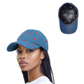 Arria Backless Baseball Cap with Satin Lining - Denim Heart Embroidered Hat for Curls, Ponytails & All Hair Types