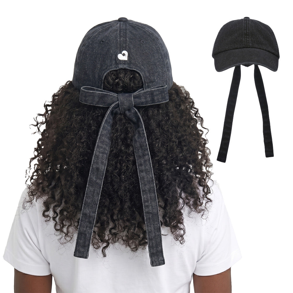 Arria Satin-Lined Backless Baseball Cap with Adjustable Bow Tie ? Hair Protection for High Ponytails & Buns Black Denim