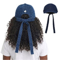 Arria Satin-Lined Backless Baseball Cap with Adjustable Bow Tie ? Hair Protection for High Ponytails & Buns Denim